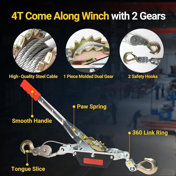 4 Ton (8800 Lbs) Come Along Winch - Heavy Duty Hand Winch with Dual Gears, Steel Cable & 2 Hooks for Vehicle Recovery, Pulling Trees, Fence Stretching