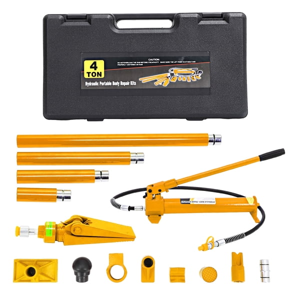 4 Ton Porta Power Kit Heavy Duty Hydraulic Ram with Secure Transport Case for Auto Shop Frame Repair Construction Equipment Professional Grade Lifting Tool Yellow