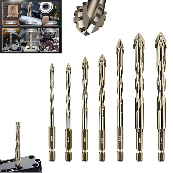 4 Tooth Eccentric Drill Bit, Four-Flute Sawtooth Eccentric Drill Bit Set, Hex Shank Heavy Duty Tool, Short Bits Dry Drills, Multipurpose Masonry Bits for Tile Concrete Brick