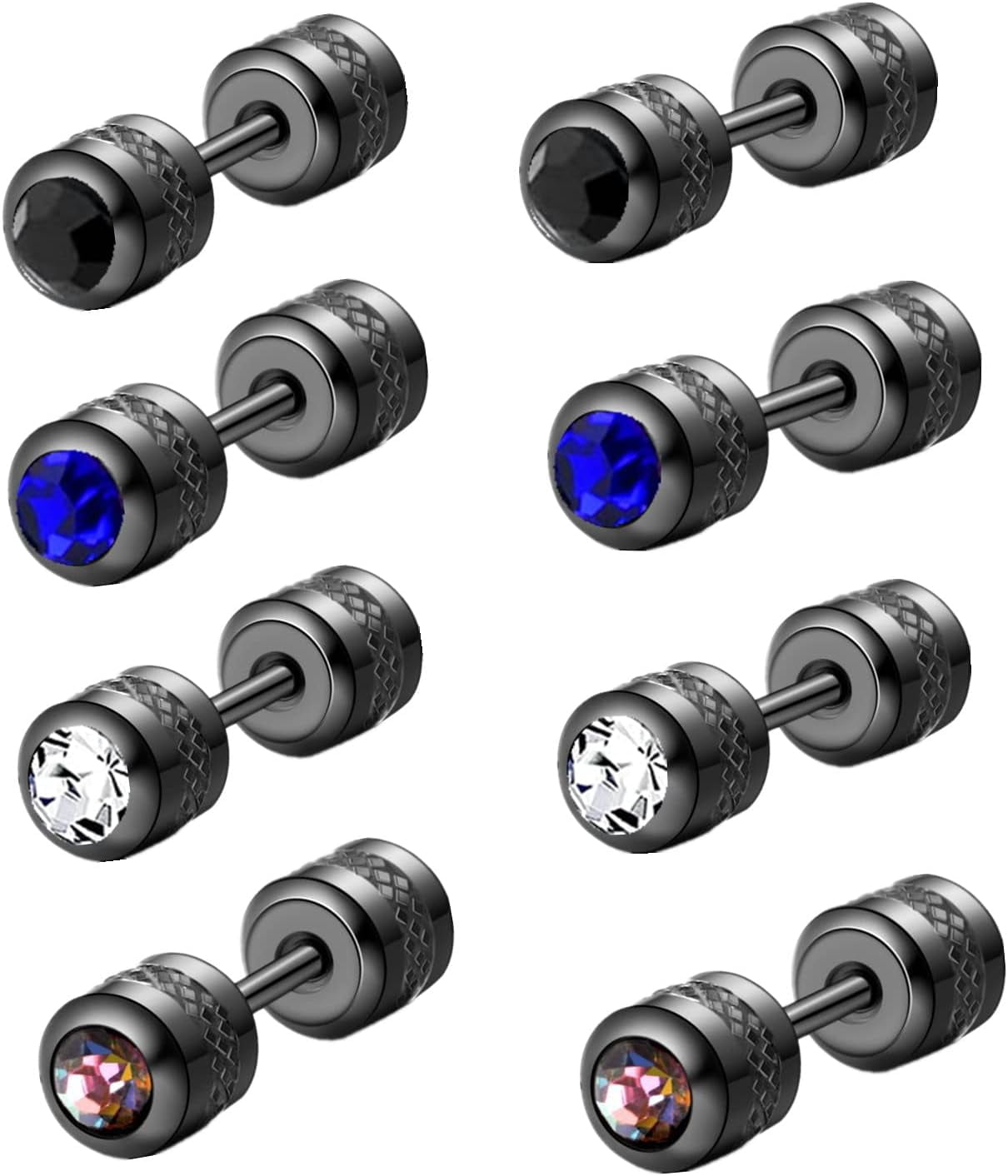 4 Top Pairs 20G Titanium Screw Back Surgical Stainless Steel Stud Earrings for Women Men,Rainbow 5A Cubic Zirconia Double Side Earrings Piercing Sleeper Studs Jewelry 4mm[p494]