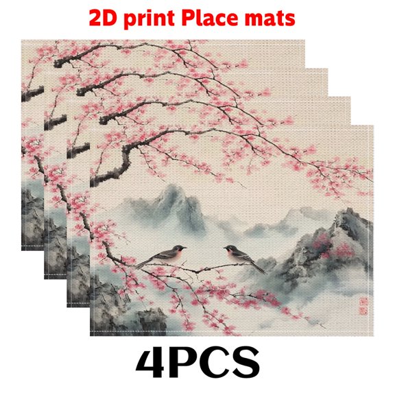 Of 4 Traditional Chinese Art Placemats Featuring Floral, Avian, And Scenic Designs, Measuring 12X18 Inches - Elegant Table Enhancement for Upscale Dining Settings And Formal Kitchens