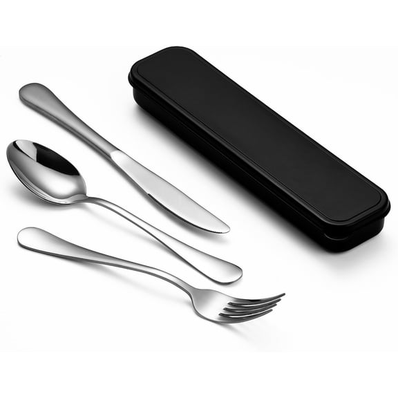 4- Travel Set with Case - Portable Silverware Utensils - Stainless   Flatware - Cutlery Set for Camping, Picnic, Hiking, Office - Dishwasher Safe
