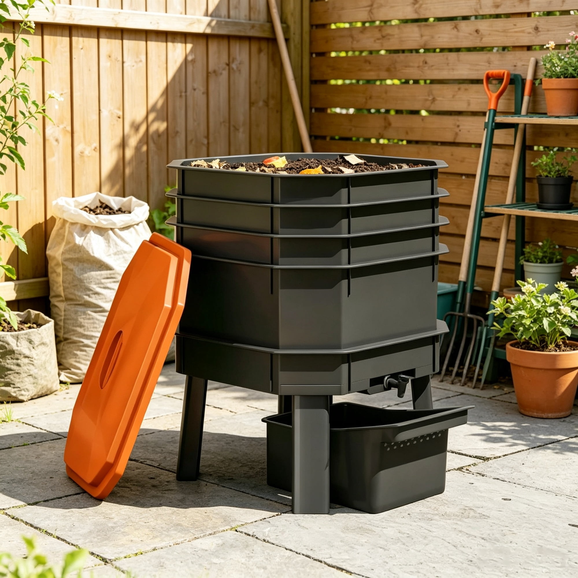 4-Tray Worm Composter Bin, 7.4 Gal Odor-Free, Leak-Proof Indoor & Outdoor Food Waste Recycling, Orange