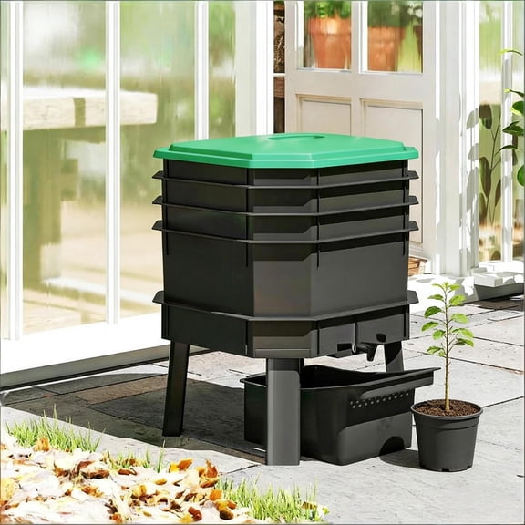 4-Tray Worm Composter Bin Dark Green Indoor Outdoor Vermicomposter Worm Tea Collection & Tools Included
