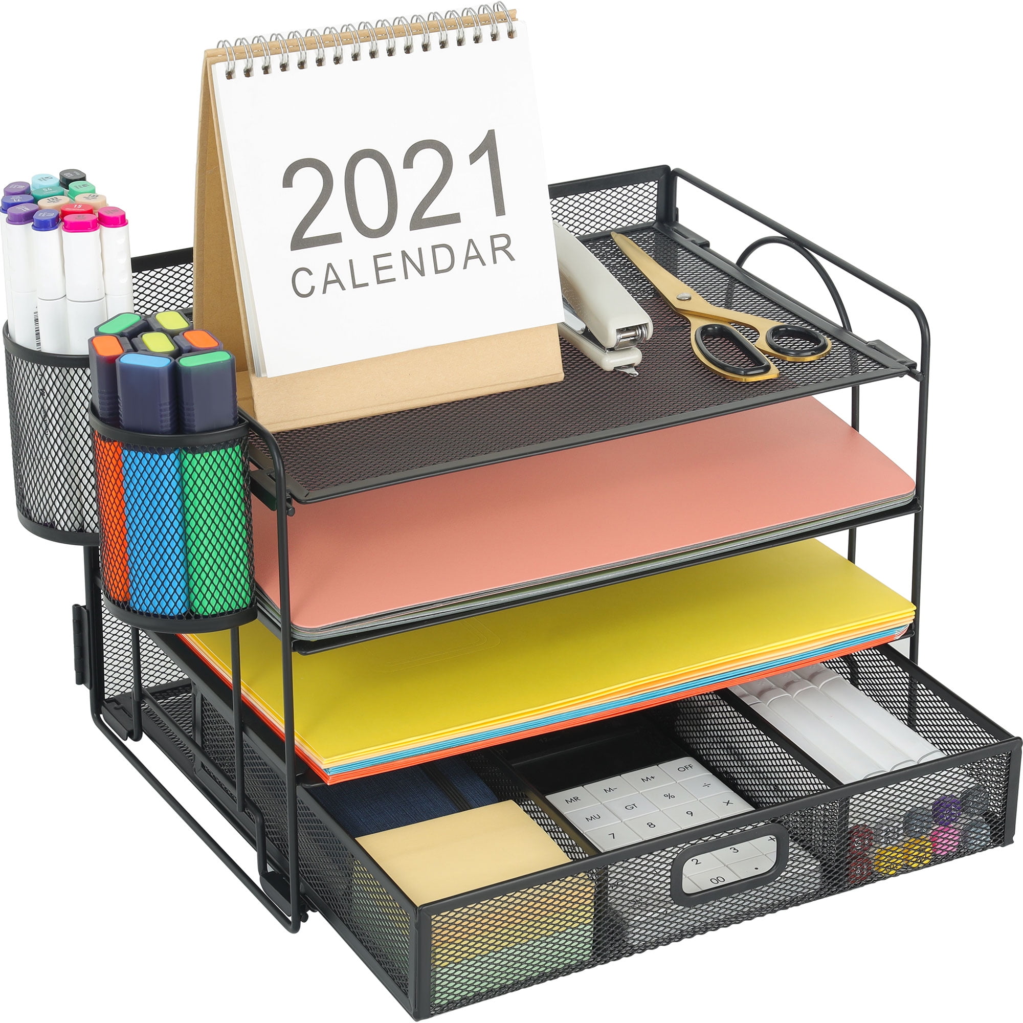 4 Trays Desktop File Organizer with Pen Holder Paper Letter Tray with Drawer and 2 Pen Holder Mesh Office Supplies Desk Organizer for Home Office