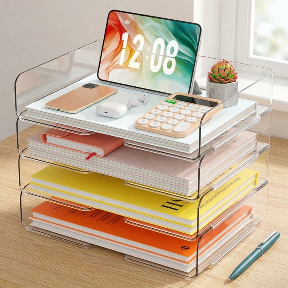 Clear 4-Tier Stackable Desk Organizer, Horizontal Paper File Tray, Desktop Document Sorter & Storage for Office, Home, School, Holds A4, Letters, Notebooks, Books & Office Supplies