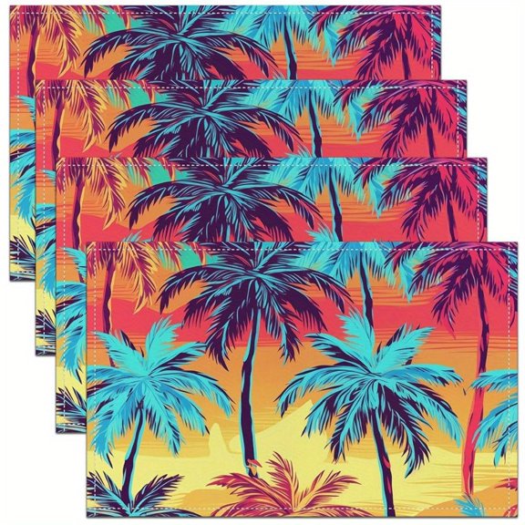 Of 4 Tropical-Themed Placemats Featuring Hawaiian Palm Leaves in a Summer Palette of Yellow And Blue, Designed with a Coconut Tree Pattern, Measuring 12X18 Inches, Suitable for And Room Decor