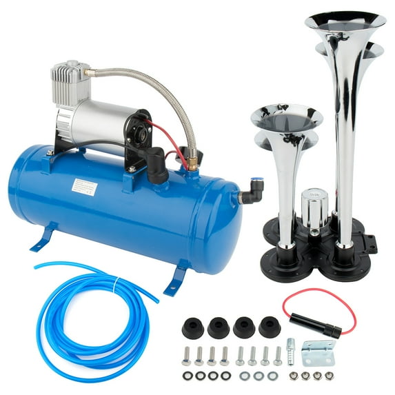 4 Trumpet Air Horn Kit with 120 PSI Air Compressor 1.5 Gal Air Tankfor Any 12V Vehicles Trucks Lorrys Trains Boats Cars Vans Kit, Train/Truck Horn Full Systemsfor Vehicles, Electric Trains Horns