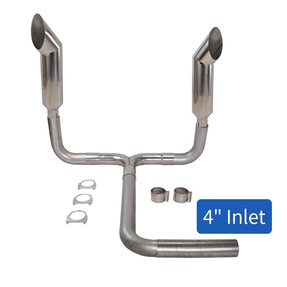 4" Turbo Dual Smoker Diesel Exhaust Stack T Pipe System w/ 2Pcs 4" Inlet 8" Outlet Stainless Steel Miter Angle Cut Diesel Smoker Stack Tips 36" Long Universal
