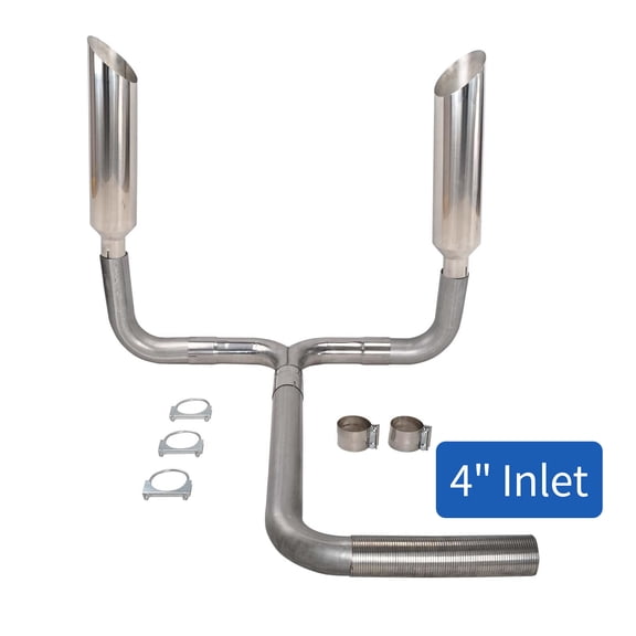 4" Turbo Dual Smoker Diesel Exhaust Stack T Pipe System w/ 2Pcs 4" Inlet 8" Outlet Stainless Steel Miter Cut Diesel Smoker Stack Tips 36" Long Universal
