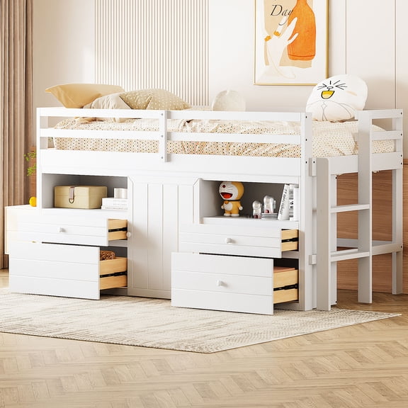 4 Twin Loft Bed In White With Cabinet And Shelves - Functional Bedroom Centerpiece Tidy Must-have