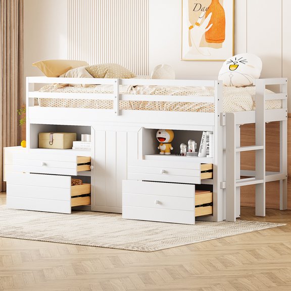 4 Twin Loft Bed In White With Cabinet And Shelves - Functional Bedroom Centerpiece Tidy Must-have