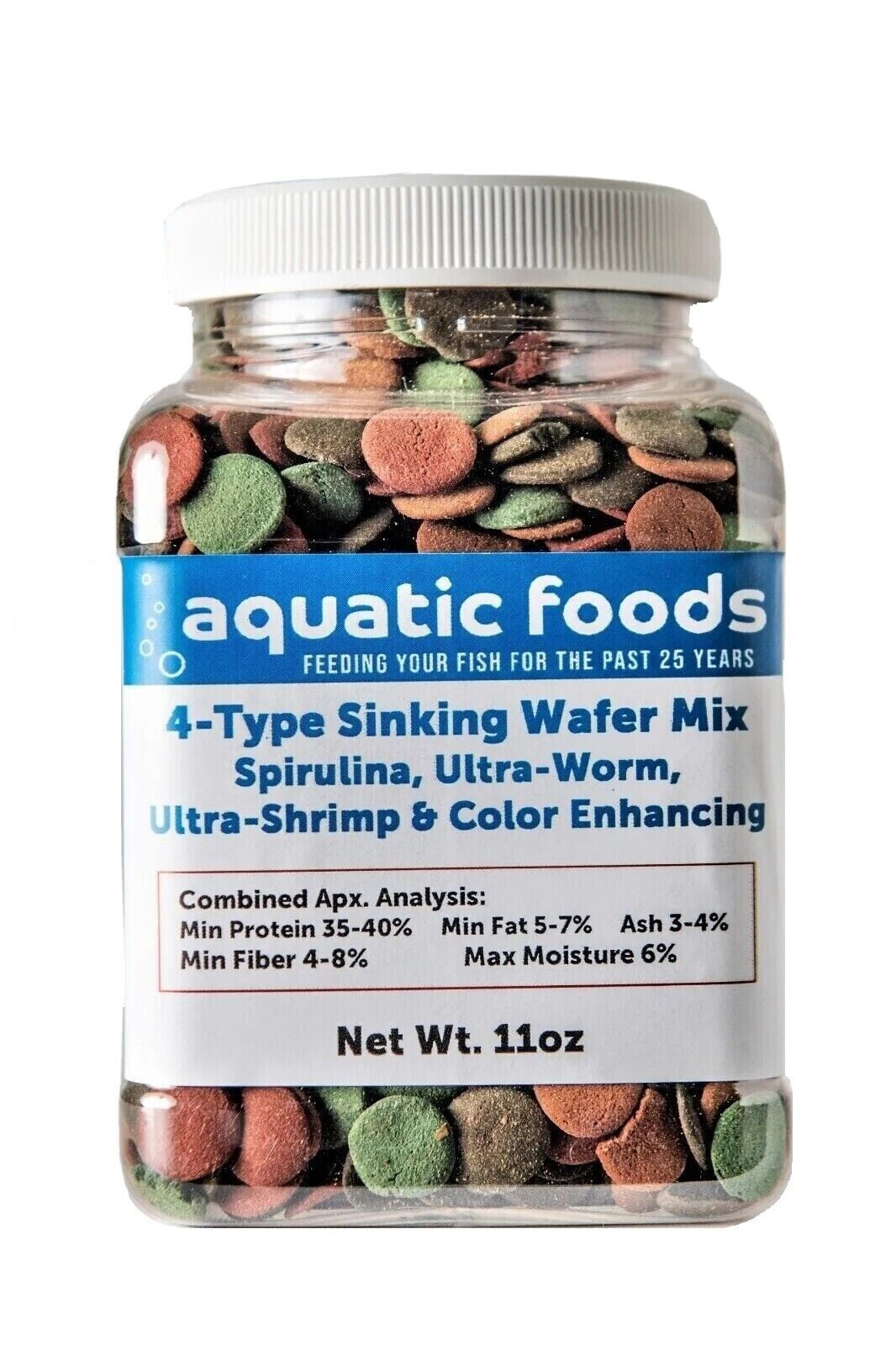 4-Type 1/2" Sinking Wafer Mix of Spirulina-Algae, Ultra-Worm, Ultra-Shrimp, Color Enhancing Wafers for Shrimp, Snails, Crabs, Crayfish, All Tropical Fish..11oz Small Jar