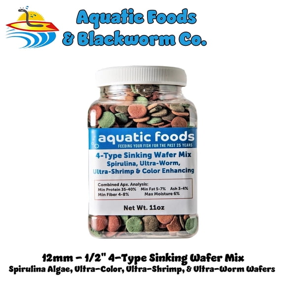 4-Type 1/2" Sinking Wafer Mix of Spirulina-Algae, Ultra-Worm, Ultra-Shrimp, Color Enhancing Wafers for Shrimp, Snails, Crabs, Crayfish, All Tropical Fish..11oz Small Jar