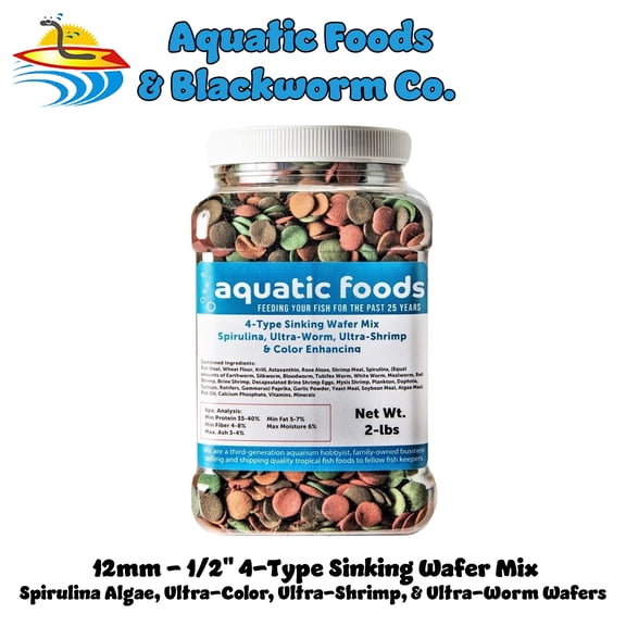 4-Type 1/2" Sinking Wafer Mix of Spirulina-Algae, Ultra-Worm, Ultra-Shrimp, Color Enhancing Wafers for Shrimp, Snails, Crabs, Crayfish, All Tropical Fish...2-lb Med Jar