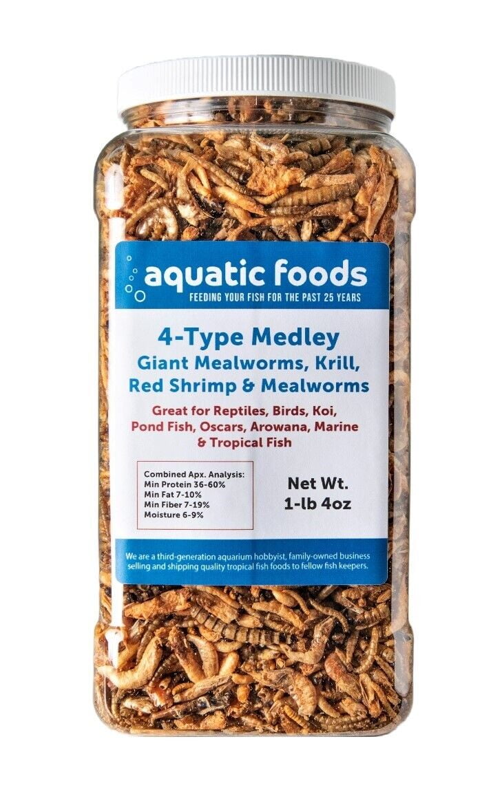 4-Type Medley Mix of Freeze Dried Superworms, Krill, Red Shrimp, Mealworms for Reptiles, Turtles, Tortoises, Frogs, Hamsters, Birds, Rodents…1-lb & 4oz Lg Jar
