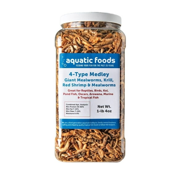 4-Type Medley Mix of Freeze Dried Superworms, Krill, Red Shrimp, Mealworms for Reptiles, Turtles, Tortoises, Frogs, Hamsters, Birds, Rodents…1-lb & 4oz Lg Jar