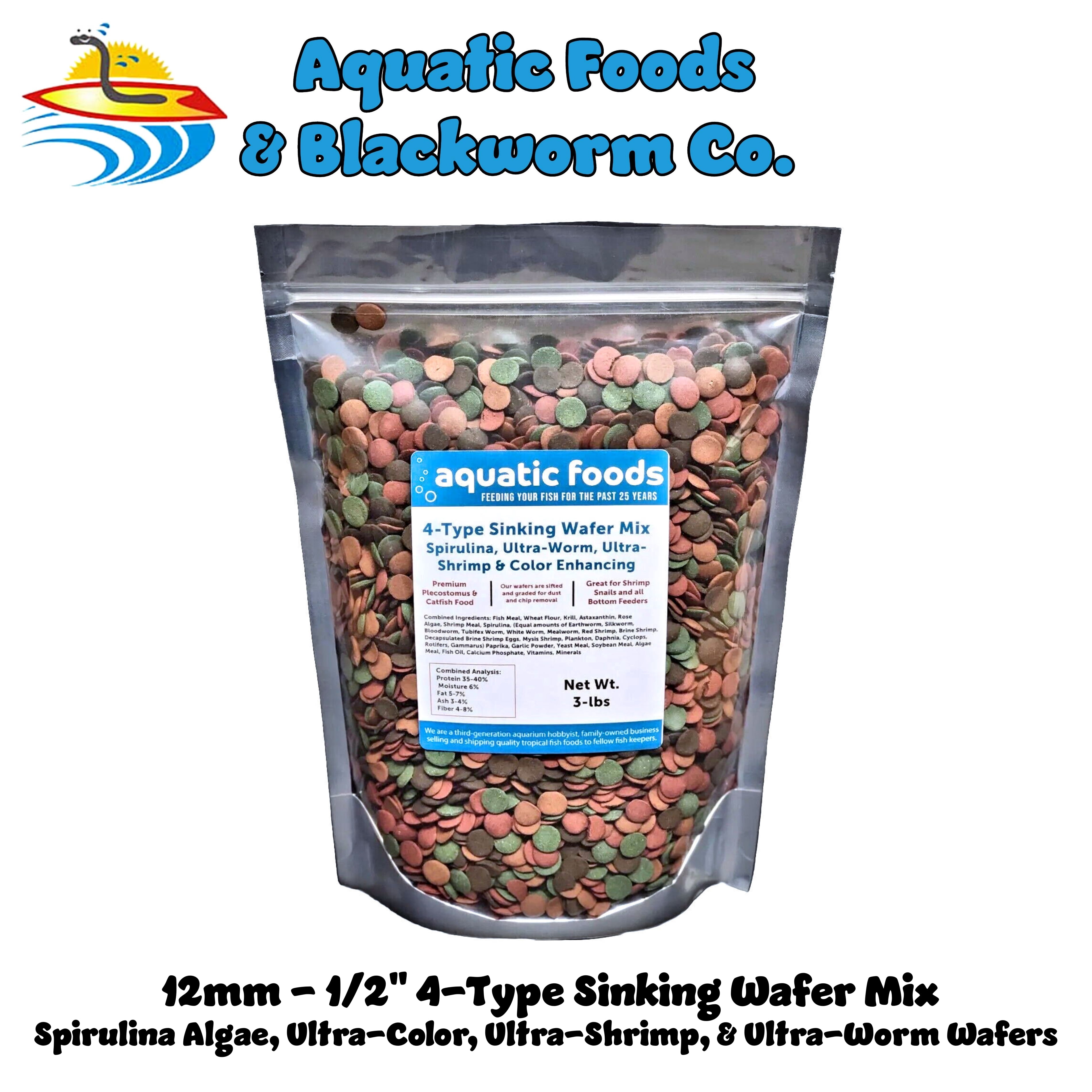 4-Type Mix of 1/2" Sinking Wafers of Spirulina-Algae Wafers, 6-Type Worm Wafers, 10-Type Shrimp Wafer, Intense Color Enhancing Wafers for Shrimp, Snails, Crayfish, Crabs, all Tropical Fish...3-lb Bag