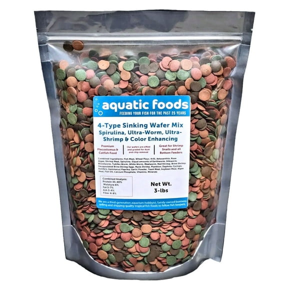 4-Type Mix of 1/2" Sinking Wafers of Spirulina-Algae Wafers, 6-Type Worm Wafers, 10-Type Shrimp Wafer, Intense Color Enhancing Wafers for Shrimp, Snails, Crayfish, Crabs, all Tropical Fish...3-lb Bag