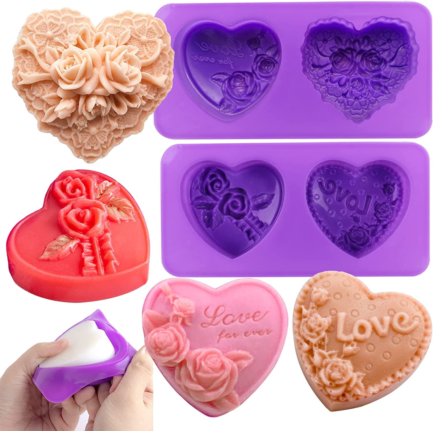4 Types Rose Heart Soap Silicone Mold 3D Flower Love Shape Fondant Mold Handmade Cake Chocolate Candy Resin Candle Soap Beeswax Floral Craft Valentine's Day Wedding Decor