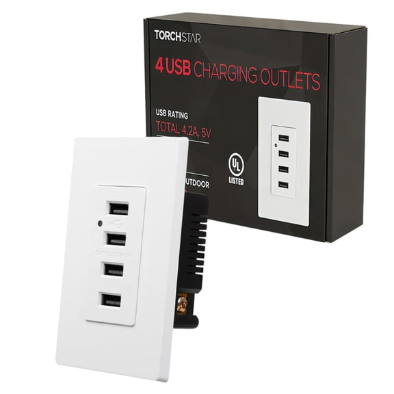 4 USB Charging Wall Outlets, 4.2A Fast Charging USB Ports, 2 Wall Plate Included, UL-listed, Smart Auto-identify Charging Current, White