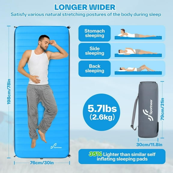 4" Ultra-Thick Air & Foam Camping Mattress - 78" x 30" Self-Inflating Sleeping Pad for Camp/Travel/Tent, 10 R Value, 4-Season Large Size