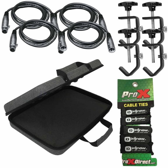 (4) Universal 25FT 3-Pin DMX Lighting Cables with Universal Light-Duty Lighting C-Clamps & Carry Case Package