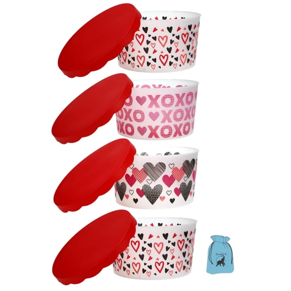 (4) Valentine's Day Printed Plastic Containers with Lids 8x4.5 In for Snack Candies Party Favor Treats Storage Round Jars Home Kitchen Buckets Cabinet Organizer Gift Set (Assortment May Vary)