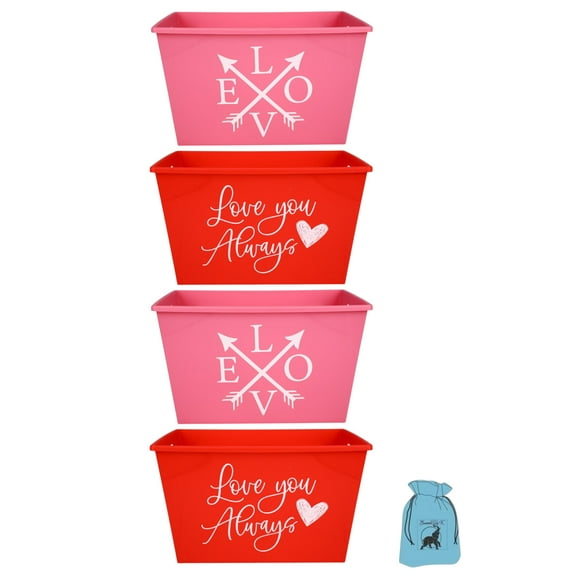 (4) Valentine's Day Rectangular Bins 12x8.5x7 in for Home Kitchen Cabinet Storage Organizer Vegetable Candies Cookies Holiday Goodies Basket Party Decor Gift Containers Set (Assortment May Vary)