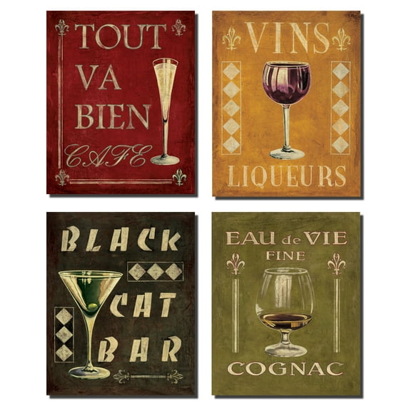 4 Vintage Martini Wine Cocktail French Art Deco Prints Retro Bar Mounted Posters, Four 11X14-Inch Mounted Prints, Red/Black/Green/Gold
