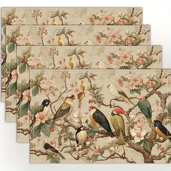 Of 4 Vintage Placemats Featuring Illustrations of Oriental Birds, Designed for Dining Tables, Kitchens, Parties, And Home Decoration, Measuring 12X18 Inches