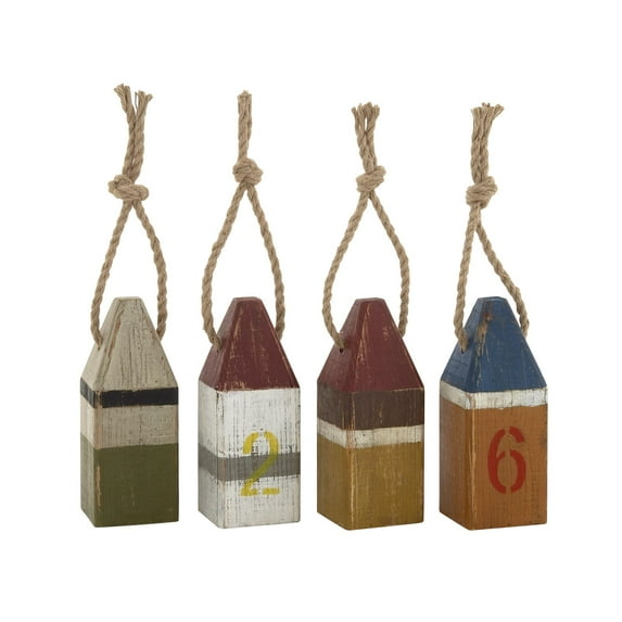 4"W, 10"H Multi Colored Wood Buoy Sculpture with Rope Accents, by DecMode (4 Count)