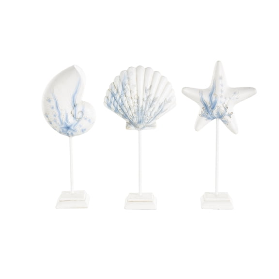 4"W, 10"H White Polystone Shell and Starfish Sea Life Sculpture with Blue Coral Patterns, by DecMode (3 Count)
