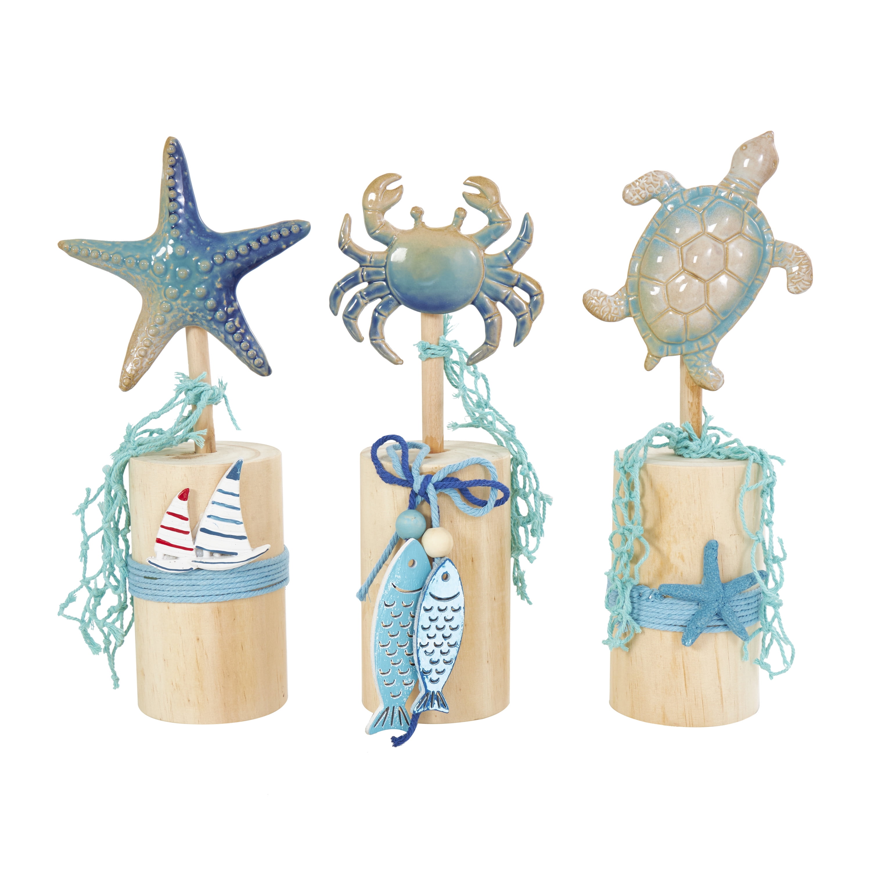 4"W, 12"H Blue Ceramic Handmade Ombre Sea Life Sculpture with Cylinder Block Bases and Netting Accents, by DecMode (3 Count)