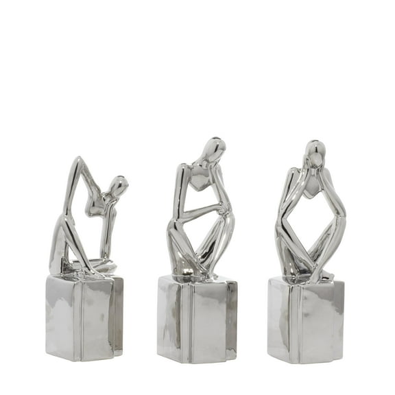 4"W, 13"H Silver Porcelain Ceramic Sitting Thinker People Sculpture, by CosmoLiving by Cosmopolitan (3 Count)