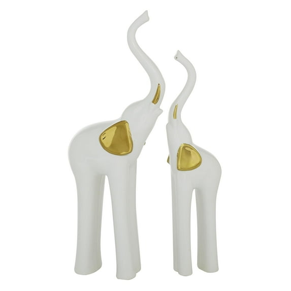 4"W, 14"H Gold Porcelain Ceramic Elephant Sculpture, by DecMode (2 Count)