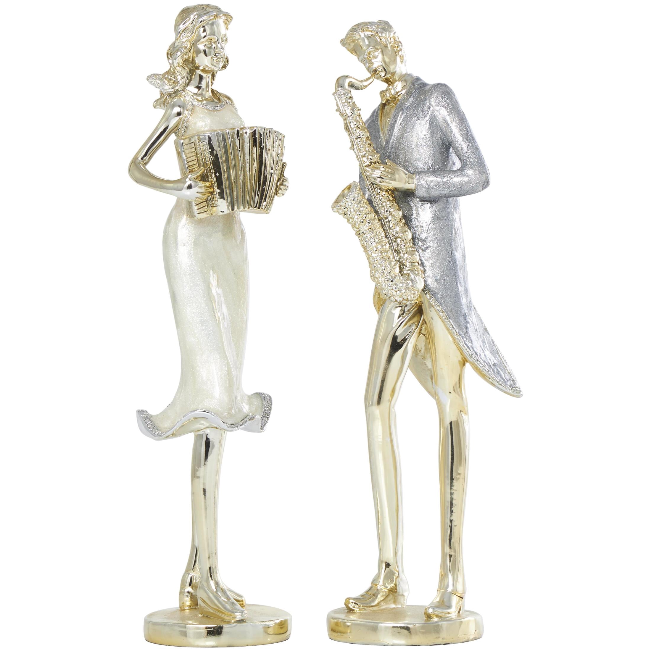 4"W, 14"H Gold Resin Musician Sculpture with Accordion and Saxophone, by DecMode (2 Count)