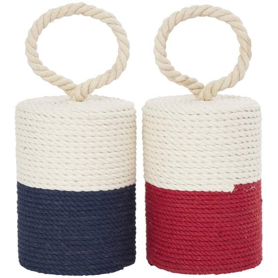 4"W, 5"H Cream Cotton Coiled Colorblock Buoy Sculpture with Red and Blue Bases, by DecMode (2 Count)