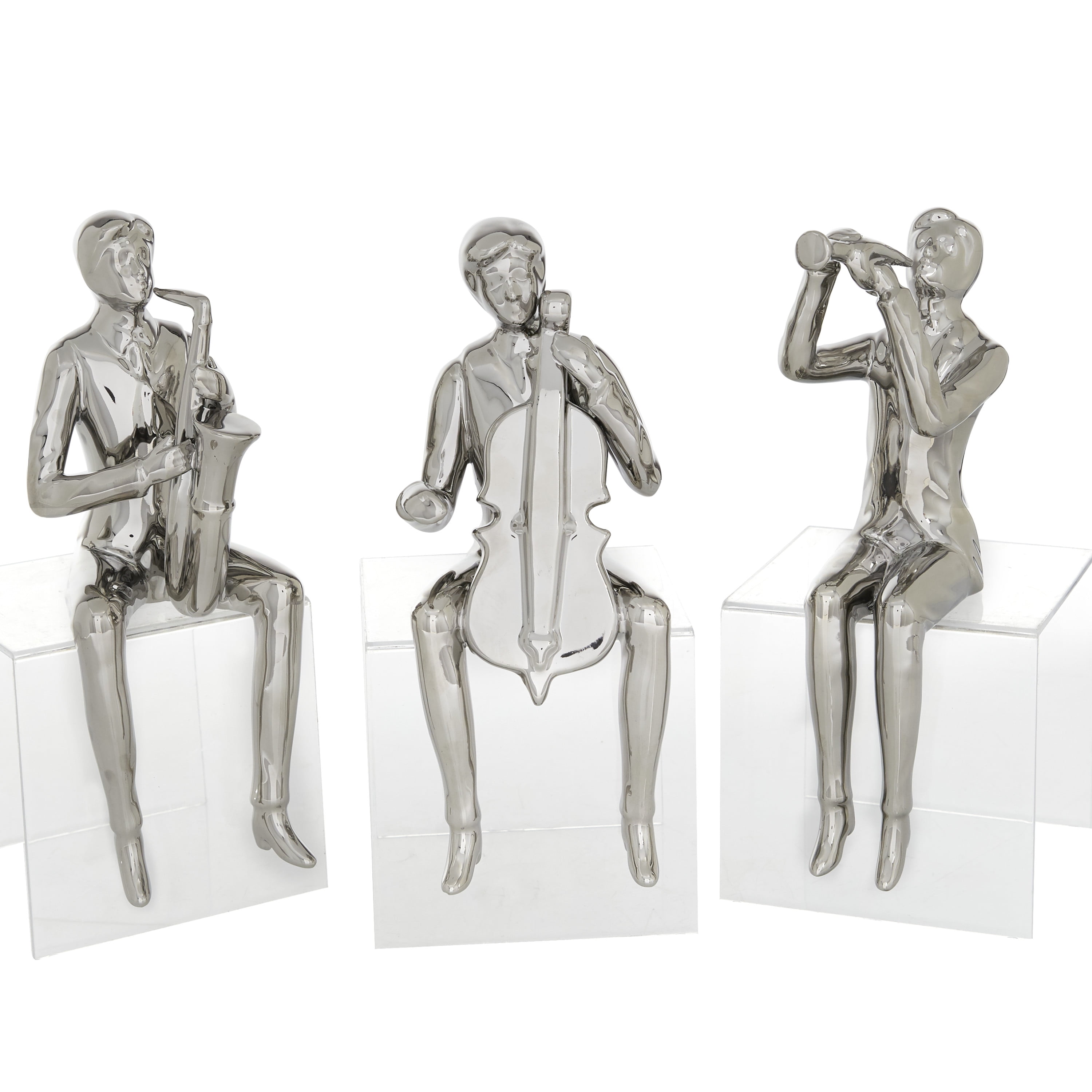 4"W, 9"H Silver Porcelain Shelf Sitting Musician Sculpture, by DecMode (3 Count)