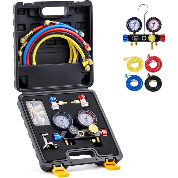 4 Way AC Gauge Set for R410a R22 R134a Refrigerant, 4 Valve Automotive AC Manifold with 5ft Hoses, R410a Adapters, Can Tap
