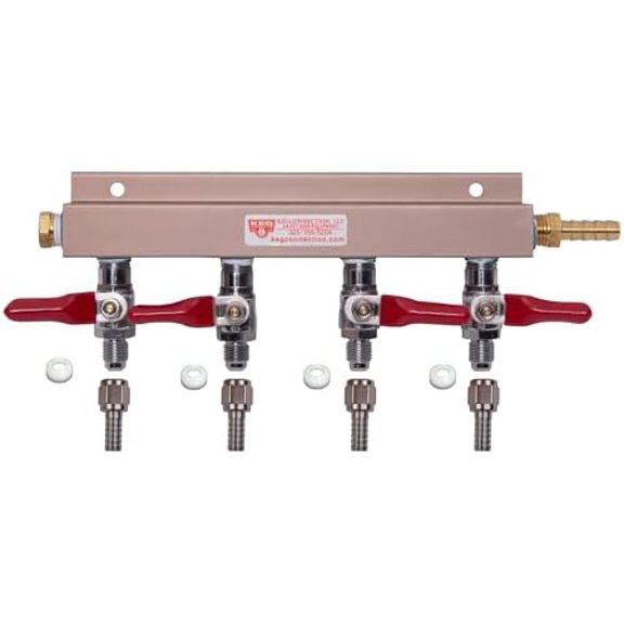 4-Way CO2 Air Distributor/Manifold with Integrated Check Valves and MFL Fittings | Perfect for Homebrew Draft Systems & Commercial Kegerators | Includes (4) 5/16 Inch Barbs/Stems & (4) Swivel Nuts