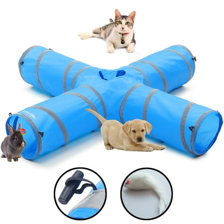4 Way Cat Tunnels with Reflective Tape for Indoor Cats, Collapsible Tube 10 Inch Diameter & 47 Inch Longer Pet Toy for Puppy Kitten Rabbit (Blue)