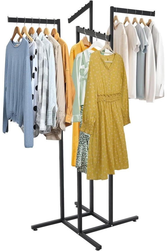 4 Way Clothing Display Rack Adjustable Clothing Racks with 2 Straight Arms and 2 Slanted Arms, T Shirt Display Stand for Vendors Retail Boutique Store, Square Tubing (Black)