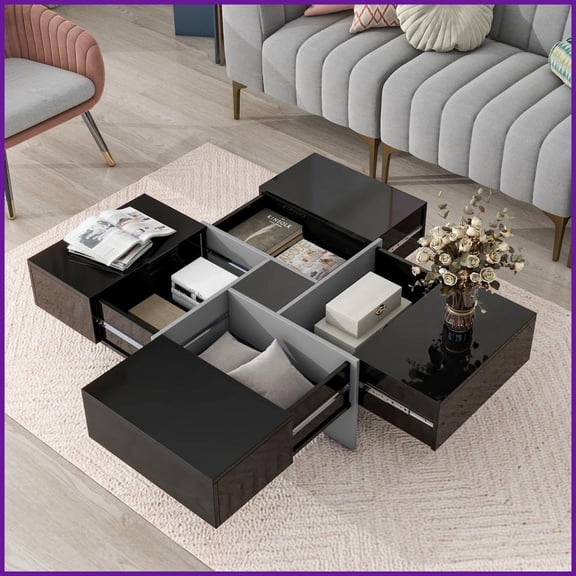 4-Way Extendable Square Coffee Table with 4 Hidden Storage, Space-Saving for Living Room
