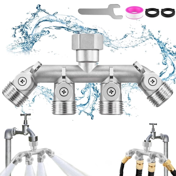 4-Way Garden Hose Splitter, 3/4" GHT 304 Stainless Steel Hose Manifold with 360° Swivel Connector, 4 Independent Shut-Off Valves, Leak-Resistant with Washers and PTFE Tape