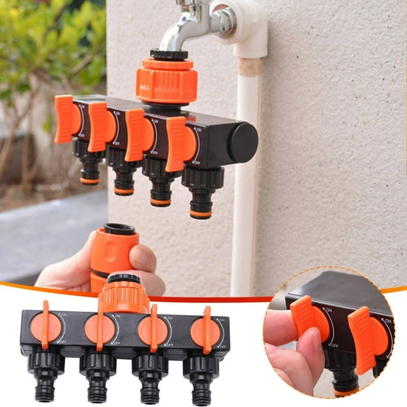 4-Way Garden Hose Splitter Diverter with Individual Shutoff Valves, 3 Faucet Inlet Sizes, Leak-Proof PVC Water Controller for Outdoor Yard Irrigation and Backyard Watering