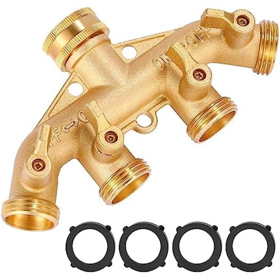 4 Way Heavy Duty Brass Garden Hose Splitter, Hose Connector 3/4", Hose Spigot Adapter with 4 Valves$$Garden & Patio