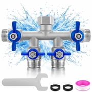 4 Way Hose Splitter, 304 Stainless Steel Garden Hose Manifold with 4 Independent Shut-Off Valves, Heavy Duty Outdoor Faucet Adapter, Leak-Proof with Washers & T
