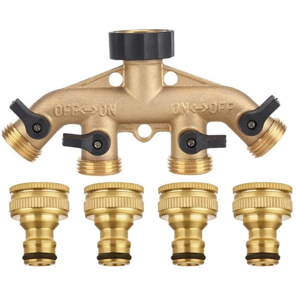 4-Way Hose Splitter Made Of Solid Brass, With Shut-Off Valve, ¾-Inch Faucet And Outlets, Use Up To 4 Hoses At The Same Time.