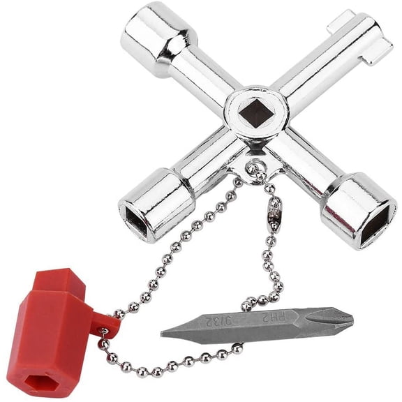 4 Way Key, Cross Water Key Multi-Functional Zinc Alloy Cross Key for for Plumbers, Electricians, Train Door Electrical Cupboard Box Elevator water Meter Valve